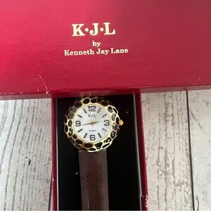 NIB Kenneth Jay Lane Brown Leather Watch Animal Print White Face New In Box
